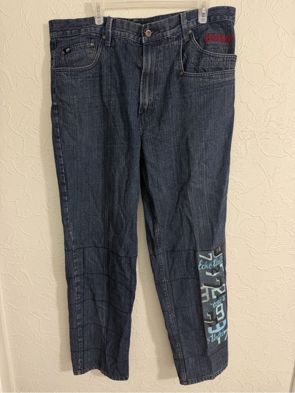 Ecko Unltd. Men's Blue Denim Jeans 38x32 Baggy 5-Pocket Y2K Patch Jeans